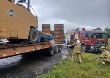 Corpo de Bombeiros de Piumhi combatem incêndio em carreta na MG-050