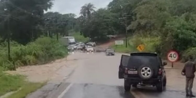 Alagamento interdita trecho da MGC-369 e paralisa trânsito em Alfenas