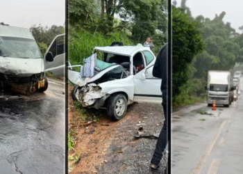 Batida violenta entre carro e van deixa quatro feridos na MG-179 ao amanhecer