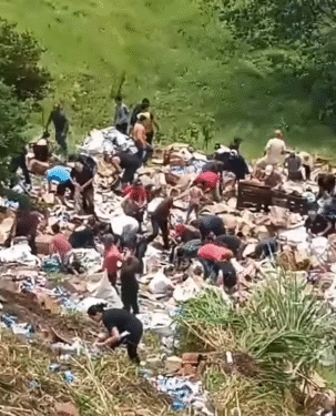 VÍDEO: Pessoas recolhem diversos produtos na MGC-491 após caminhão tombar no local
