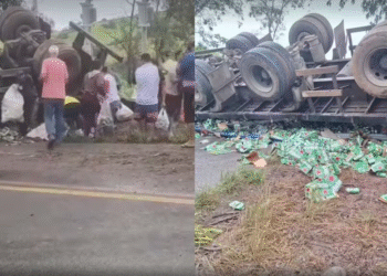 Carreta de cerveja tomba na BR-146
