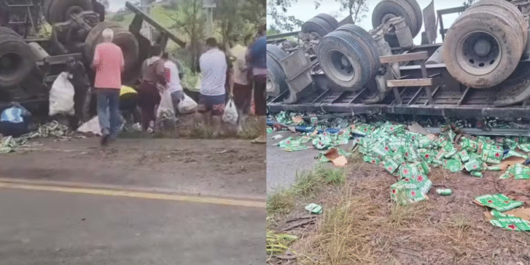 Carreta de cerveja tomba na BR-146
