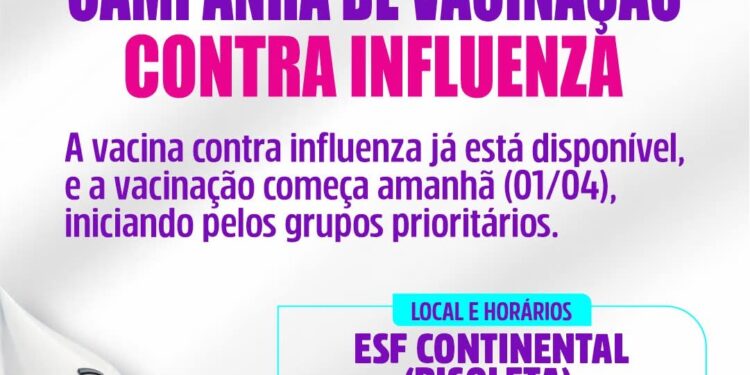 Campanha de vacinação contra a influenza começa nesta quarta-feira em Carmo do Rio Claro