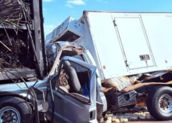 Pai e filho morrem após caminhonete bater em caminhão em chamas