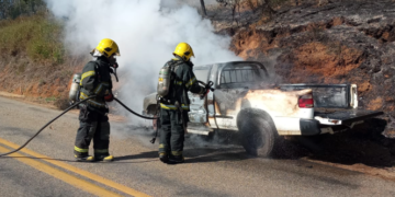 Caminhonete carregada com alimentos pega fogo na MG-295