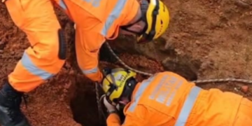 Bombeiros resgatam cão após queda em buraco de fundação de obra