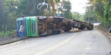 Carreta com toras de eucalipto tomba na MGC-383, em Cruzília