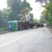 Carreta com toras de eucalipto tomba na MGC-383, em Cruzília