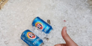Após temporal, morador usa granizo acumulado no quintal para gelar cervejas