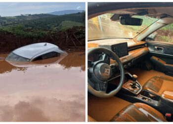 VÍDEO: Carro fica parcialmente submerso em estrada rural após deslizar em trecho alagado no feriado